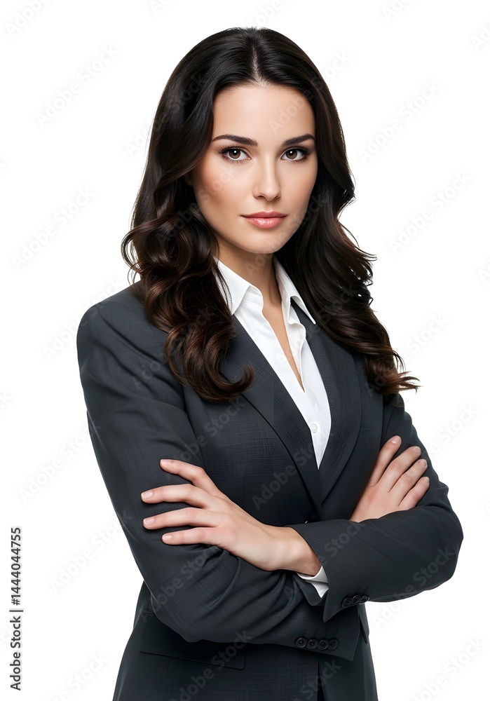 Confident businesswoman in formal suit with arms crossed, isolated on white background. Ideal for corporate, leadership, professional, or business concepts. Confident businesswoman in formal suit with arms crossed, isolated on white background. Ideal for corporate, leadership, professional, or business concepts.