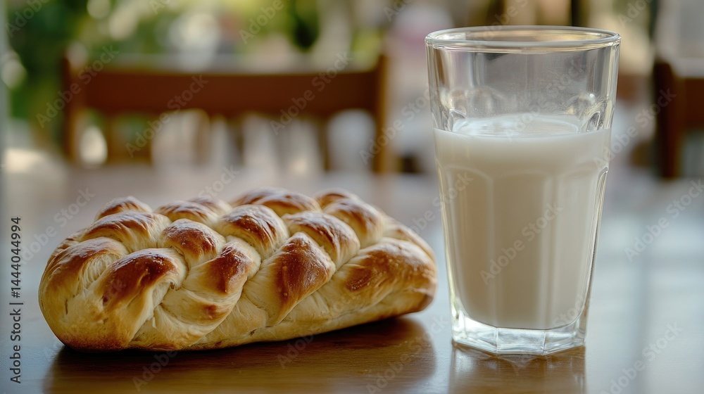 Traditional braided bread beside chilled milk in frosted glass, natural lighting Traditional braided bread beside chilled milk in frosted glass, natural lighting