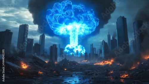 Explosion in City with Building Ruins and Smoke Clouds