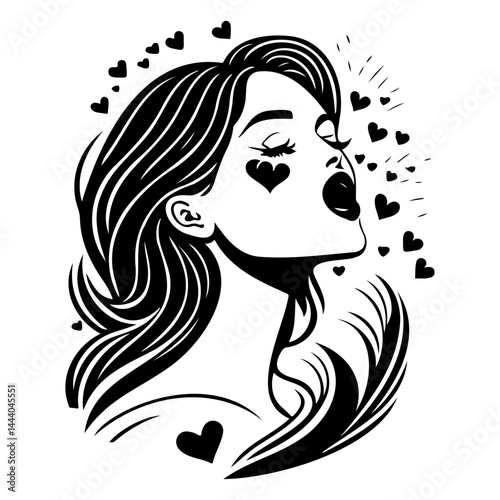 Elegant monochrome illustration of a woman surrounded by floating heart symbols