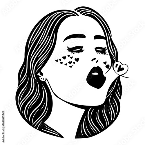 Stylized portrait of a woman with hearts adorning her face and hair
