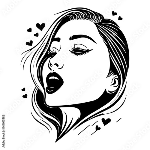 Elegant monochrome portrait of a woman with hearts, conveying a sense of beauty and mystique