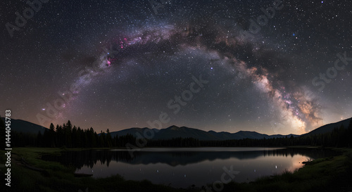 Milky Way Arching Over Serene Mountain Lake: A Night Sky Panorama