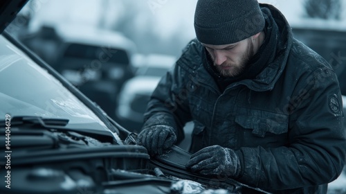 A man in winter clothing repairs a car engine outdoors on a cold, snowy day.