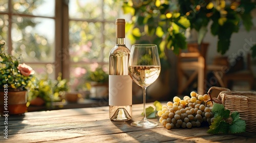 Obraz na płótnie White wine bottle and glass, garden setting w salonie