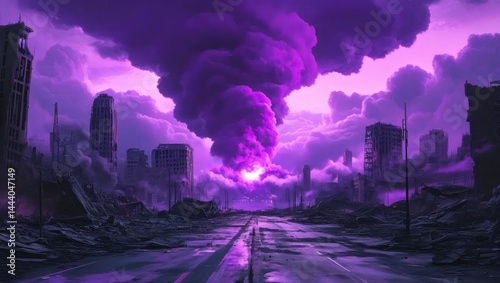 City Ruins After Catastrophe with Eerie Purple Sky