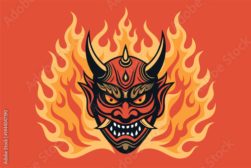 Fiery oni mask, bold Japanese style, intense flames engulfing a demonic face, detailed texture, dramatic lighting.
