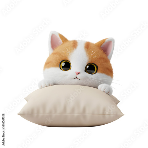 Cute Cat Resting on Pillow with Big Eyes on Transparent Background