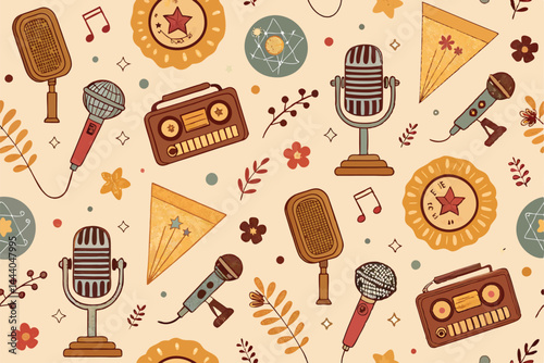 Design a vibrant, seamless retro wallpaper featuring a microphone and tape recorder, incorporating 70s-inspired colors and patterns.
