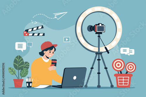 A young digital journalist enthusiastically records a vlog about Rin, a captivating subject, possibly a person, pet, or place,  using professional video equipment.