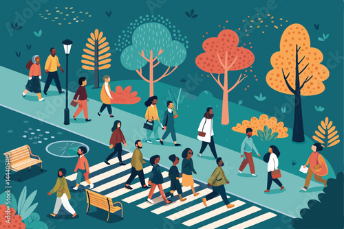 Diverse crowd of people from various ethnic backgrounds walking together in a city street, showcasing cultural diversity and urban life.
