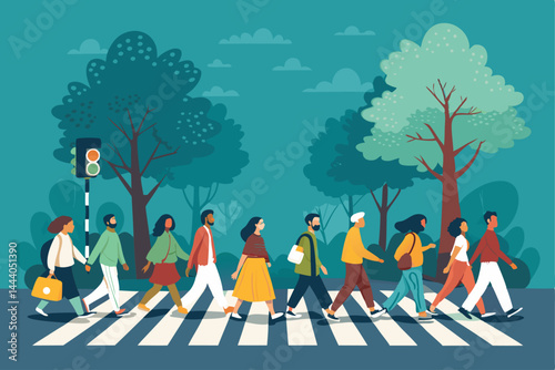 Diverse crowd of people from various ethnic backgrounds walking together in a city street, showcasing cultural diversity and unity.