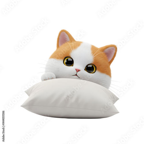 Cartoon Cat Resting on Pillow Isolated on Transparent Background