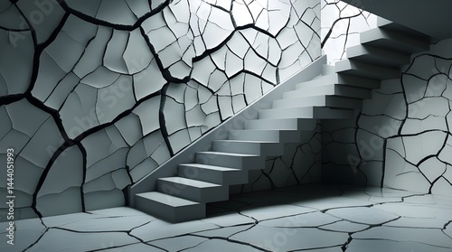 Modern Staircase with Cracked Wall Aesthetic – Surreal Interior Design Concept