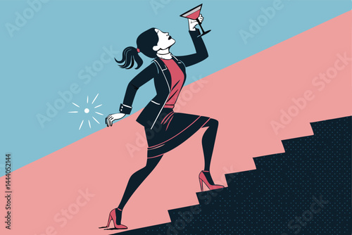 A dishevelled woman, unsteady on her feet in high heels, stumbles while clutching a spilled cocktail.  Her expression is a mix of inebriation and slight distress.