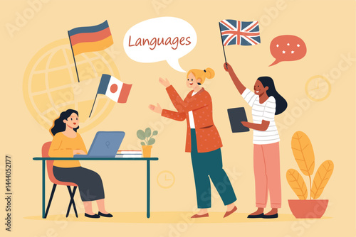 Smiling volunteers from a cultural exchange program enthusiastically teach a language class, showcasing diverse students and teaching materials.