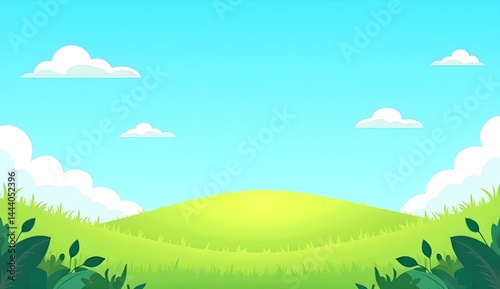 Cheerful Minimalist Cartoon Scenery with Rolling Green Hill and Clouds