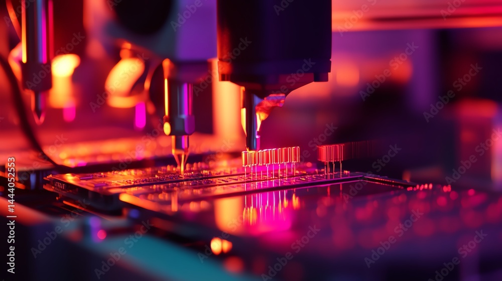 Employees are monitoring automated pick-and-place machines for microchip assembly.