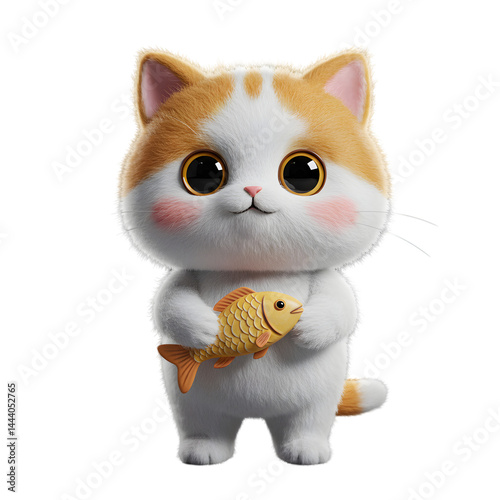 Cute Cartoon Cat Holding a Goldfish on Transparent Background