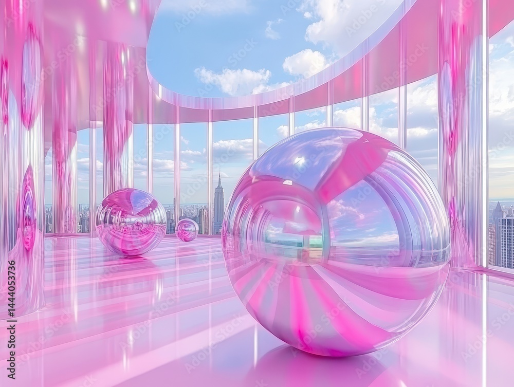 Pink, futuristic architectural space with metallic spheres. Pink, futuristic architectural space with metallic spheres.