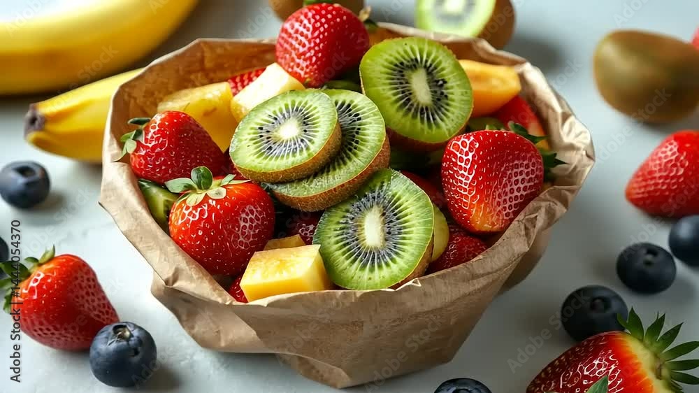 Freshly cut fruit salad with strawberries, kiwis, and blueberries in a paper bowl on a light surface