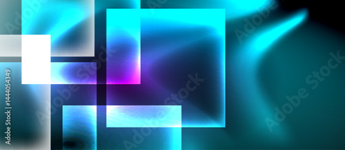 Abstract rectangles overlap, creating luminous gradients. Teal, cyan, purple hues dominate composition. Soft glow emanates from shapes.