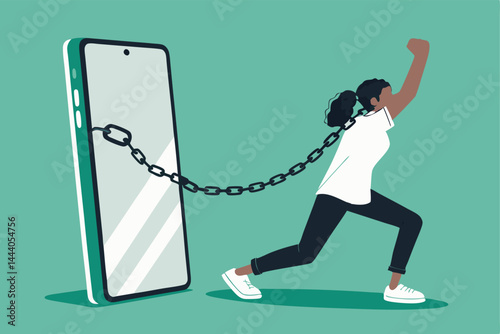 Design a poster for a digital detox campaign showing a person triumphantly breaking a chain of smartphones.  Emphasize freedom and mental wellbeing.