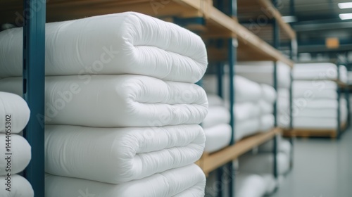 Stacks of neatly folded white comforters are organized on metal shelves in a storage or warehouse setting.