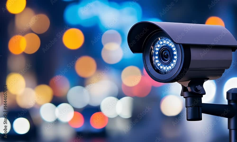 Security camera with LEDs on a blurred street with bokeh lights in the background