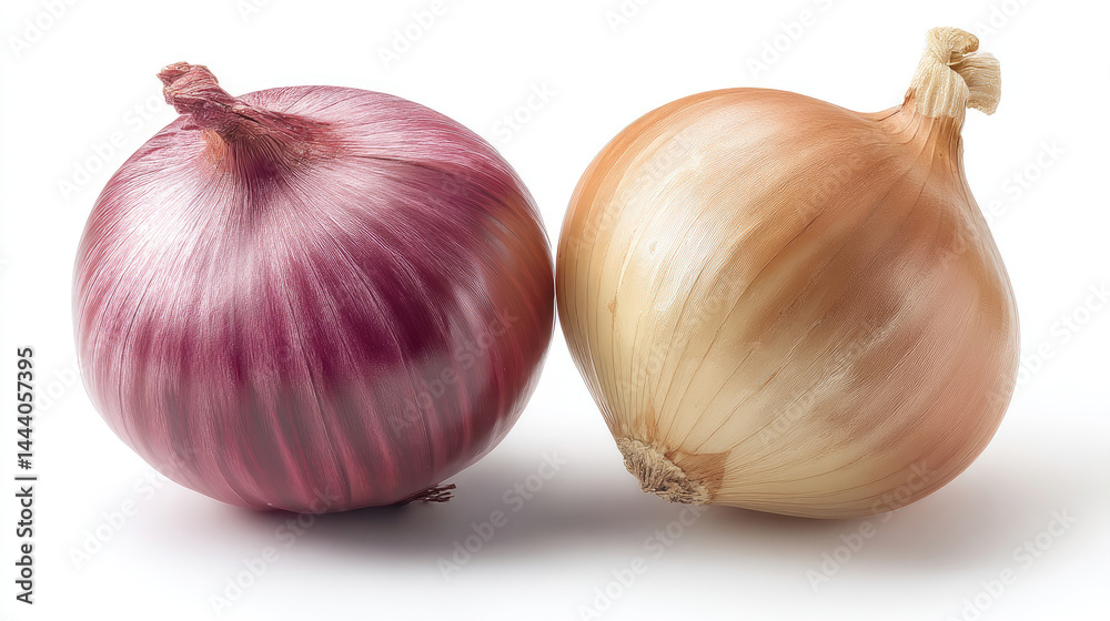 Fototapeta premium Two whole onions, one red, one yellow, are presented on a white background. The onions are plump and whole, with visible layers