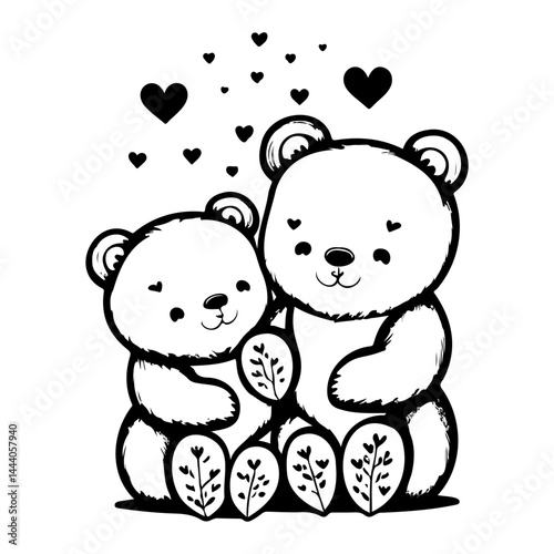 Adorable bear couple embracing with floating hearts, a charming monochromatic art piece