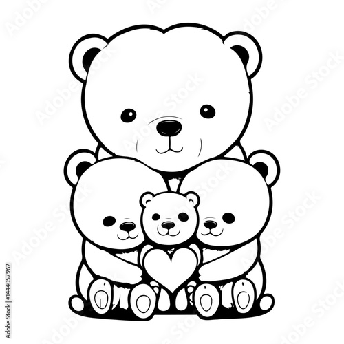 Charming monochrome family of bears illustration, heartwarming and tender design