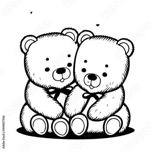 Whimsical teddy bear duo in charming monochrome illustration for affectionate visuals