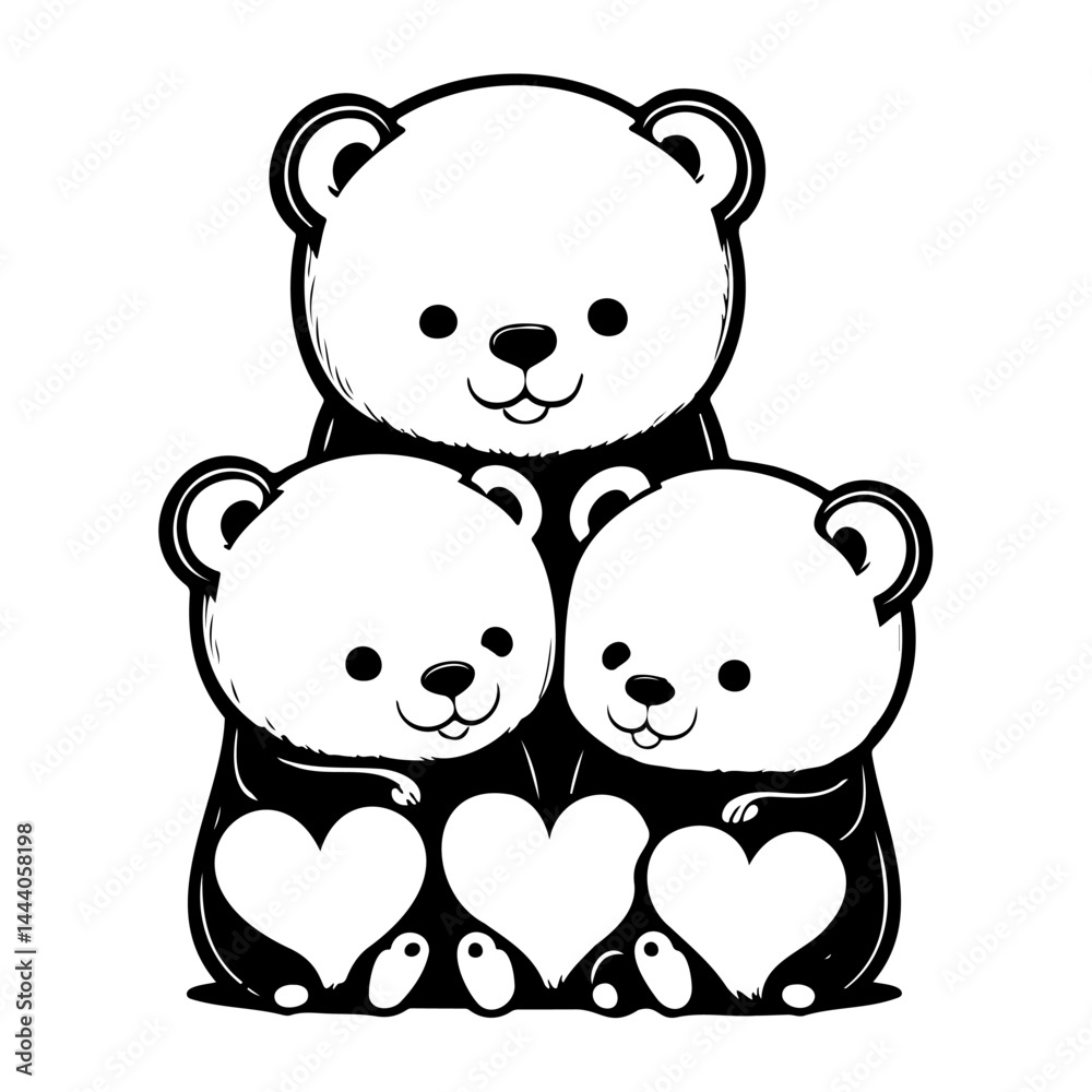 Obraz premium Charming monochrome illustration of three bears holding hearts, perfect for print