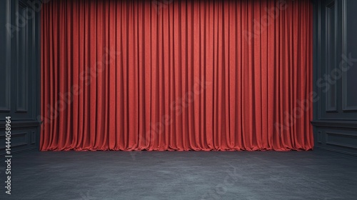 Elegant Red Curtain with Smooth Texture in a Dark Stage Environment Ready for a Theatre Performance