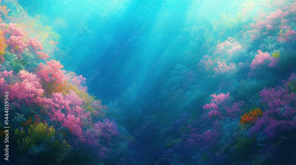 Fototapeta premium Vibrant coral reef teeming with life, bathed in sunlight.