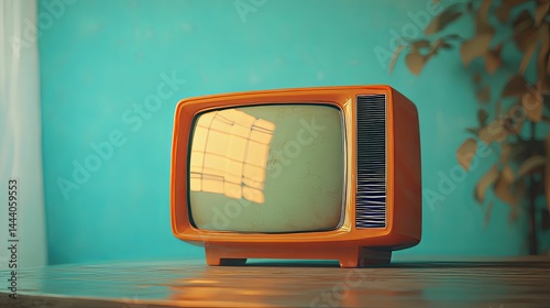 Retro television set on wooden surface, displaying a soft light.