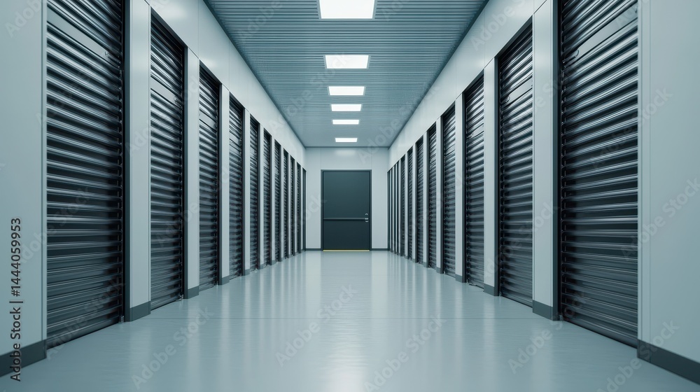 Modern Storage Facility Interior with Rows of Security Doors and Clean, Minimalist Aesthetic in Light Colors Modern Storage Facility Interior with Rows of Security Doors and Clean, Minimalist Aesthetic in Light Colors