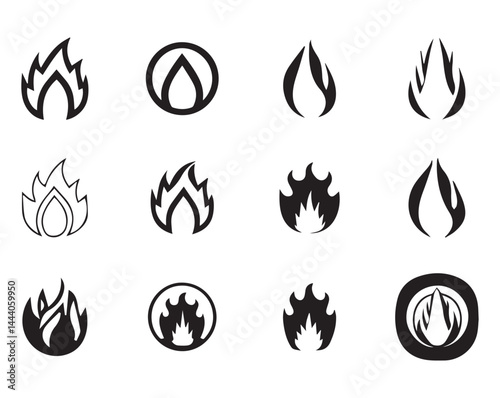 Black and White Flame and Fire Icon Set – Vector Burning Symbols, Candle & Heat Illustrations for Safety and Design Use