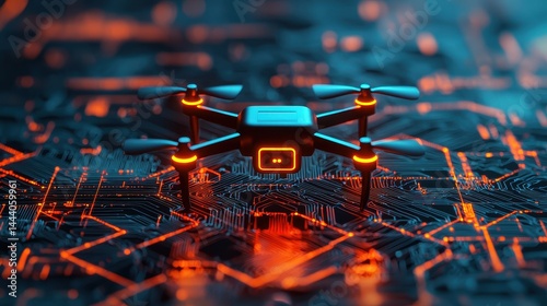 Futuristic Drone with Neon Lights Hovering Over Circuit Board in Dark Environment