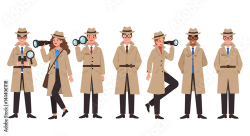 Diverse Detective Characters – Cartoon Illustration of a Mystery-Solving Team in Trench Coats and Deerstalker Hats