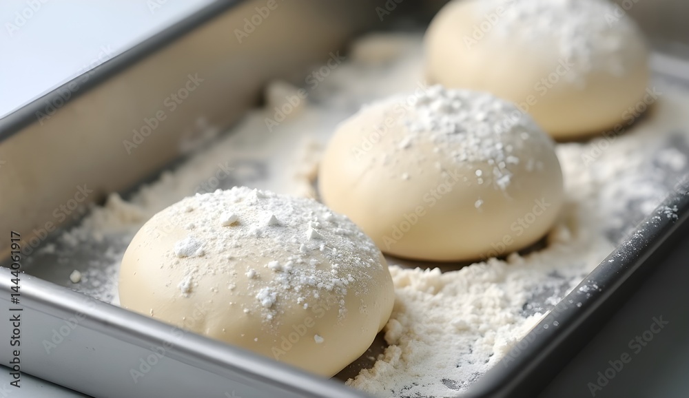 Top-Angle View of Floured Dough Balls Resting in Tray on Light Surface Top-Angle View of Floured Dough Balls Resting in Tray on Light Surface