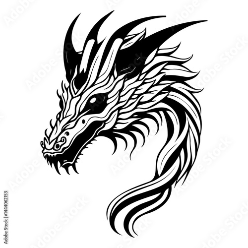 Stylized Dragon Illustration with Bold Black and White Contrasts