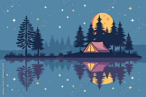 Create a flat vector illustration of a tranquil lakeside campsite at night, featuring a tent, campfire, and starry sky.  Include realistic details.