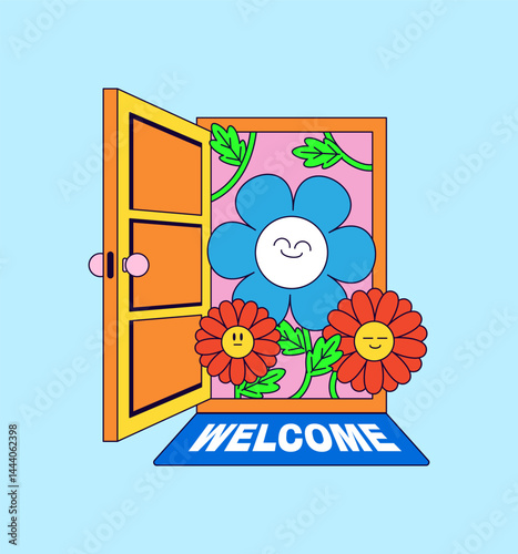 Welcome Door with Smiling Flowers Cartoon illustration