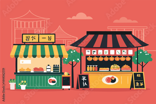 Create a vibrant flat vector illustration of a bustling Korean street food market, showcasing diverse dishes, vendors, and happy customers.  Include various popular Korean street foods.