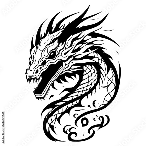 Stylized dragon head illustration with intricate linework and bold contrasts
