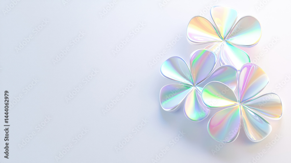 Obraz premium Delicate pastel flowers in soft light. A cluster of iridescent blossoms with layered petals in light pastel hues. The background is a plain, light gray
