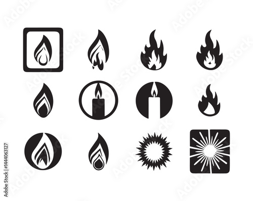 Black and White Flame and Fire Icon Set – Vector Burning Symbols, Candle & Heat Illustrations for Safety and Design Use