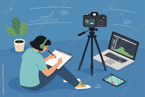 Flat vector illustration of a digital journalist's workspace laptop, phone, notes, coffee,  headphones.  Modern blogger setup.